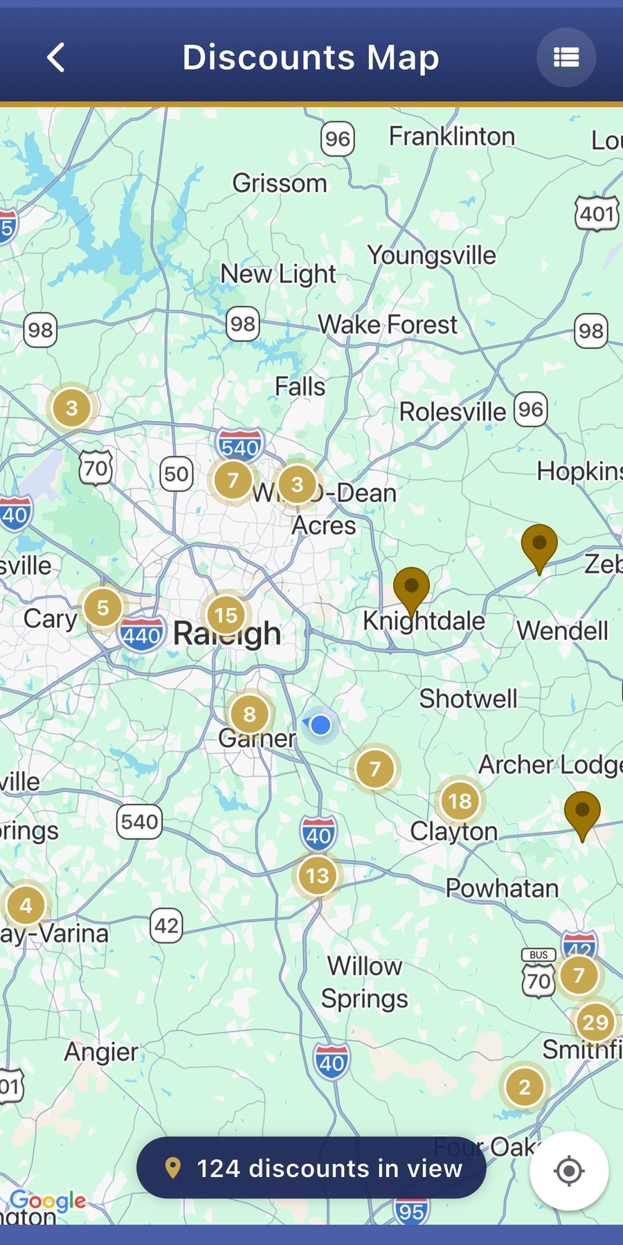 The VetsConnect map showing verified military discounts clustered across the Raleigh area